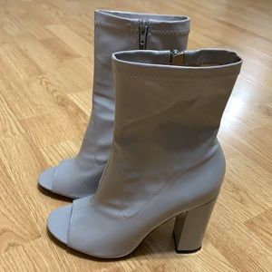 Light Gray Faux Patent Leather Peep-Toe Above Ankle Booties